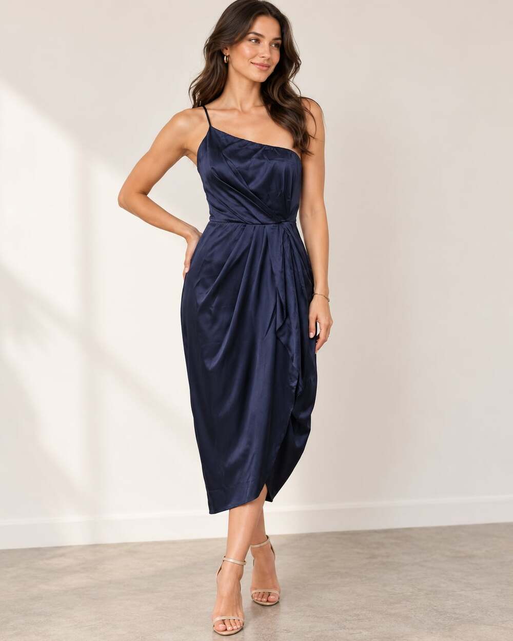 Lulus One Shoulder Satin Midi Dress Navy Blue